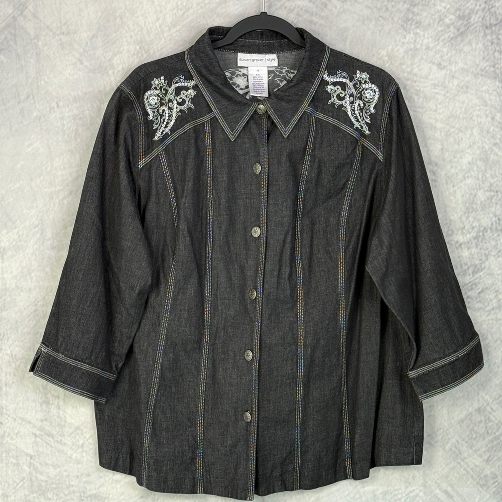 Susan Graver‎ Womens Dark Wash Denim Embroidered Button Down Shirt sz 1X western